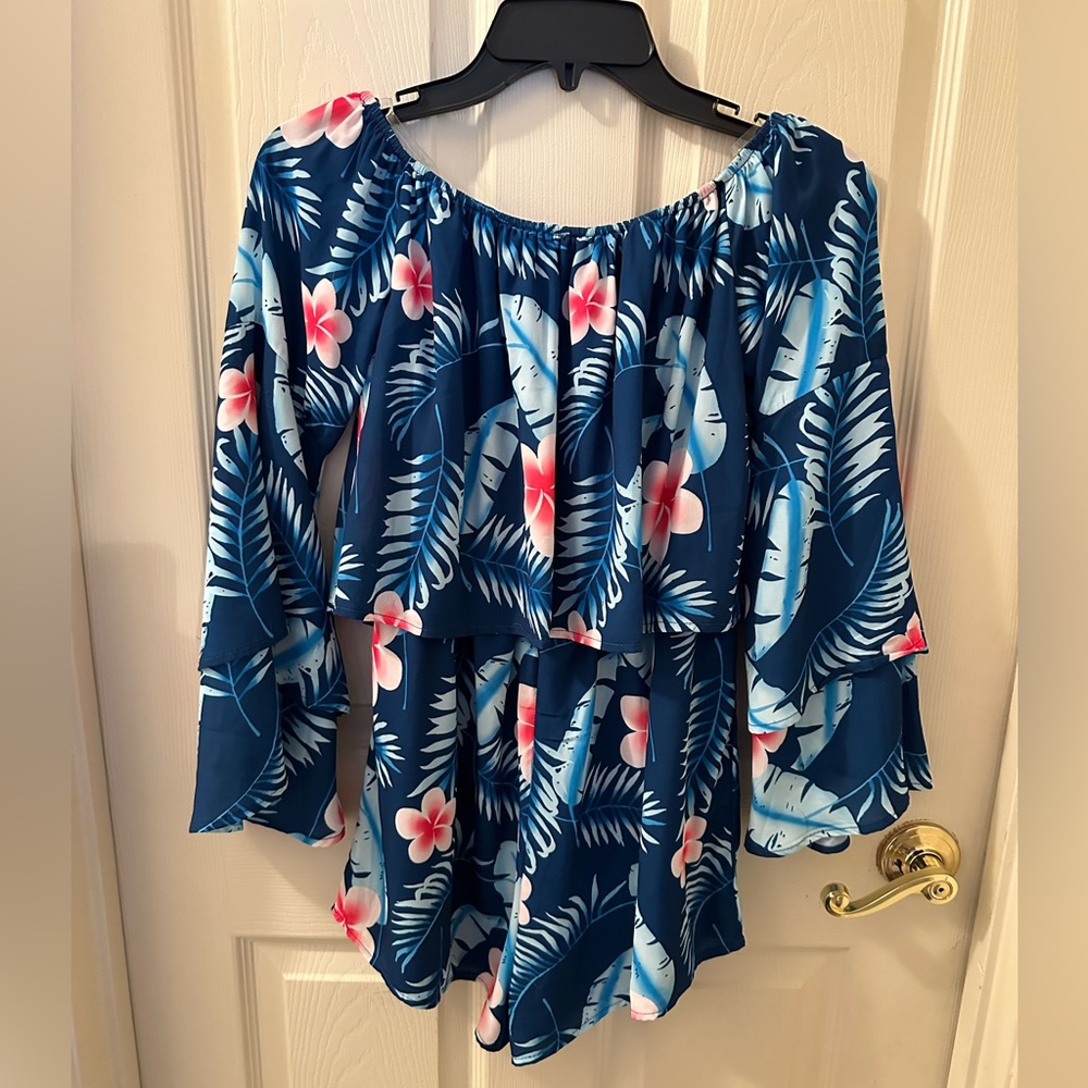 Pink Lily Blue Floral Off the Shoulder Romper